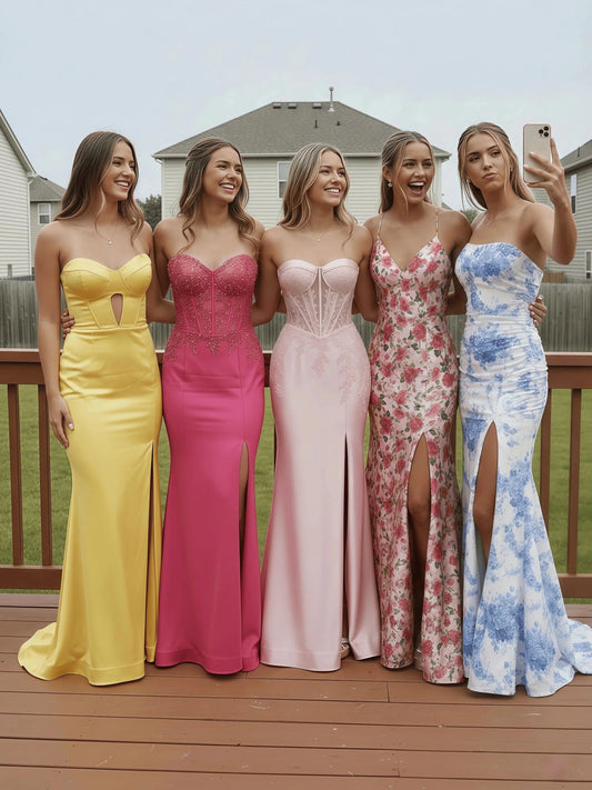 Group of young women in colorful prom dresses taking a selfie outdoors on a wooden deck
