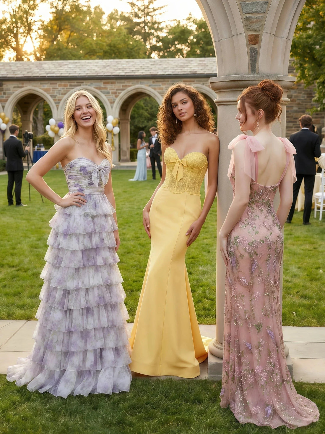 Three friends in pastel prom dresses posing outdoors at a formal event