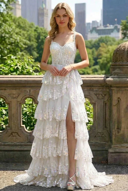 Lace Tiered A-Line Prom Dress with Corset Back and Slit | Sevoba