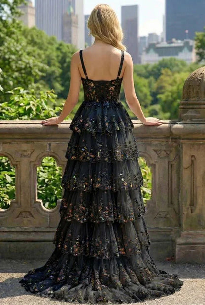 Lace Tiered A-Line Prom Dress with Corset Back and Slit | Sevoba