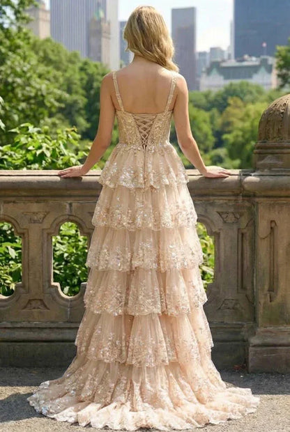 Lace Tiered A-Line Prom Dress with Corset Back and Slit | Sevoba