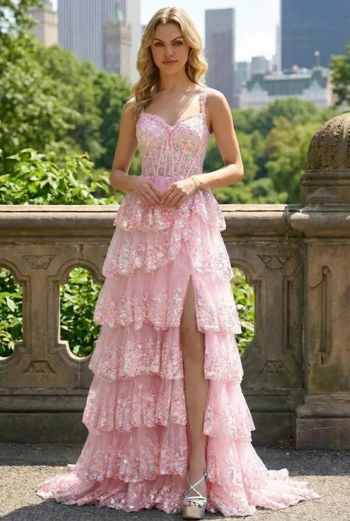 Lace Tiered A-Line Prom Dress with Corset Back and Slit | Sevoba