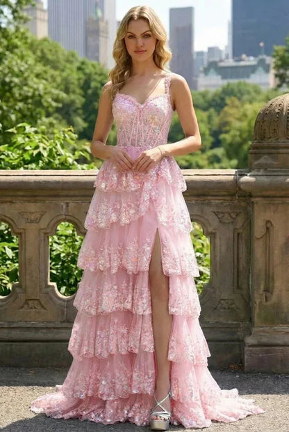Lace Tiered A-Line Prom Dress with Corset Back and Slit | Sevoba