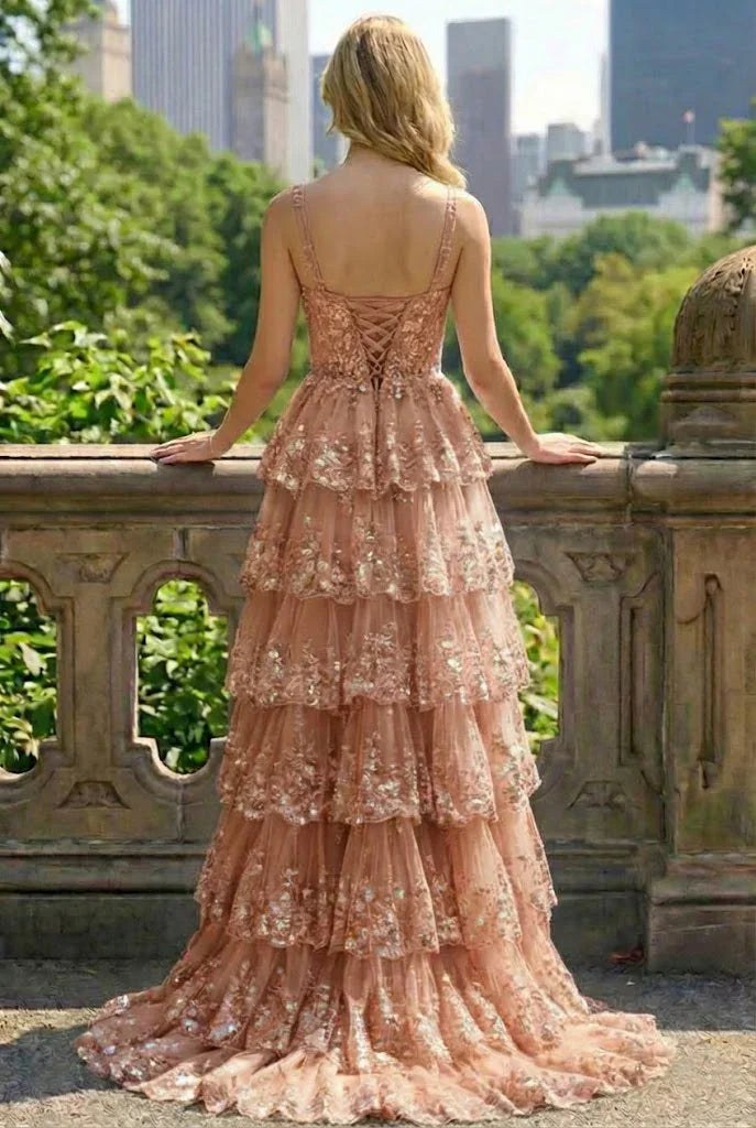Lace Tiered A-Line Prom Dress with Corset Back and Slit | Sevoba