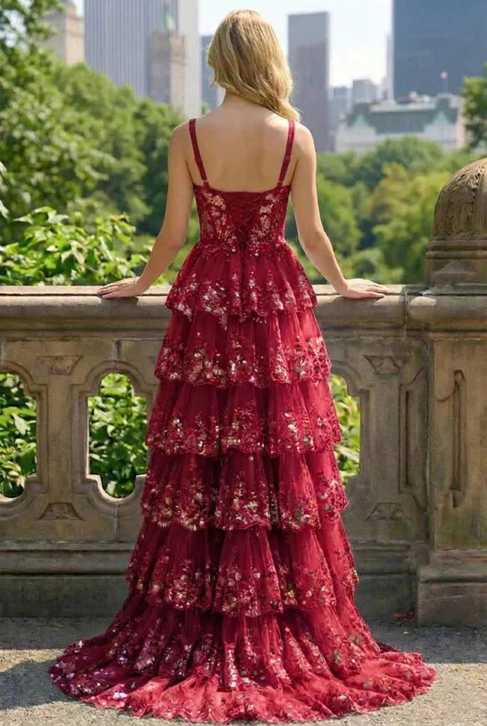 Lace Tiered A-Line Prom Dress with Corset Back and Slit | Sevoba