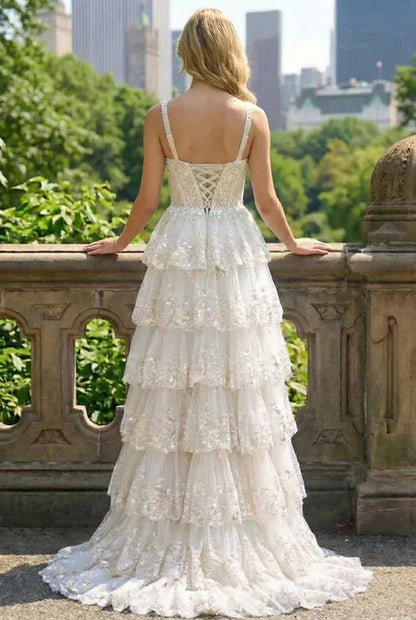 Lace Tiered A-Line Prom Dress with Corset Back and Slit | Sevoba