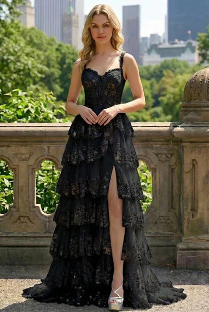 Lace Tiered A-Line Prom Dress with Corset Back and Slit | Sevoba