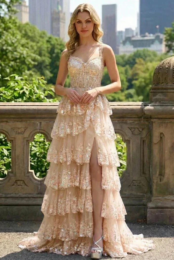 Lace Tiered A-Line Prom Dress with Corset Back and Slit | Sevoba