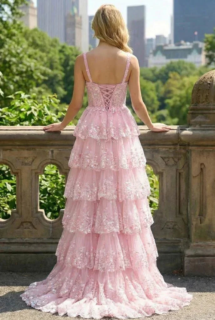 Lace Tiered A-Line Prom Dress with Corset Back and Slit | Sevoba