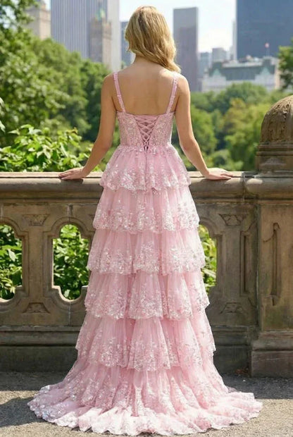 Lace Tiered A-Line Prom Dress with Corset Back and Slit | Sevoba