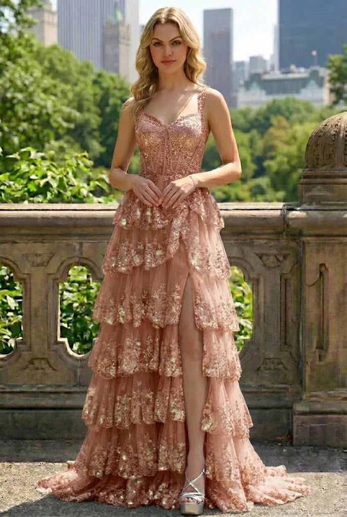 Lace Tiered A-Line Prom Dress with Corset Back and Slit | Sevoba