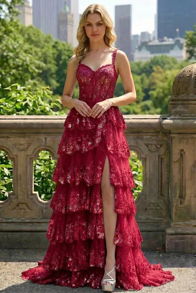 Lace Tiered A-Line Prom Dress with Corset Back and Slit | Sevoba
