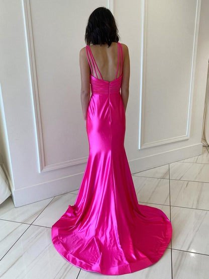 Backless Pink V Neck Long Prom Dress