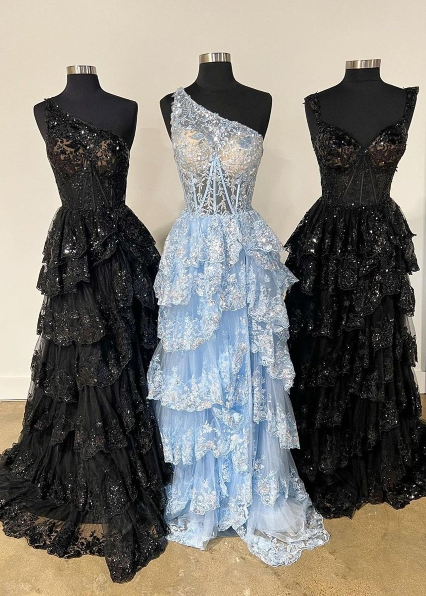 Sevoba|A Line One Shoulder Tiered Lace Long Prom Dress