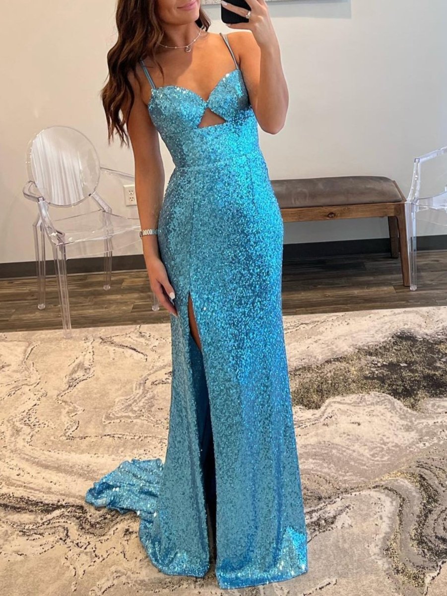 Mermaid V Neck Cutout Blue Long Prom Dress