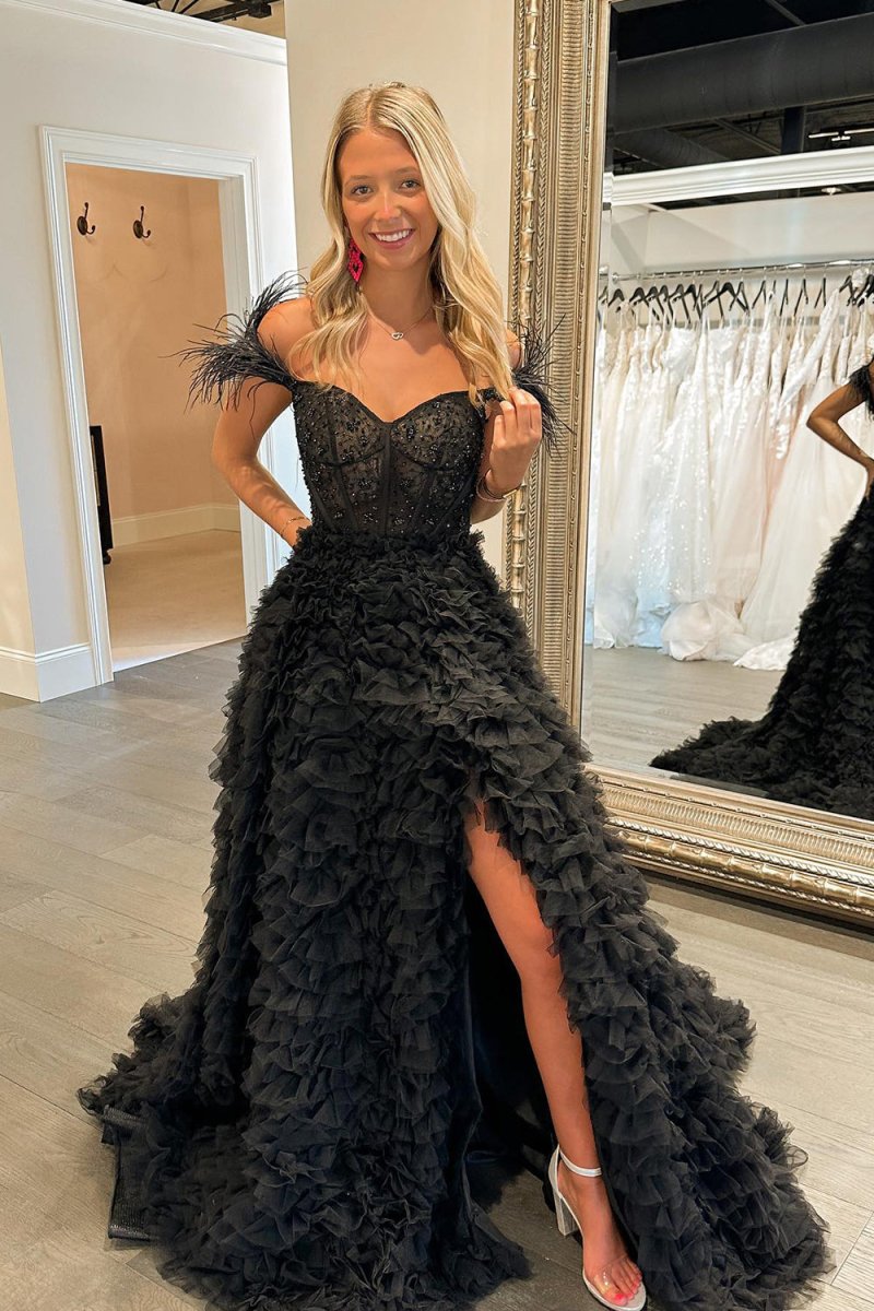 Sevoba|A Line Sweetheart Tiered Tulle Long Prom Dress With Slit