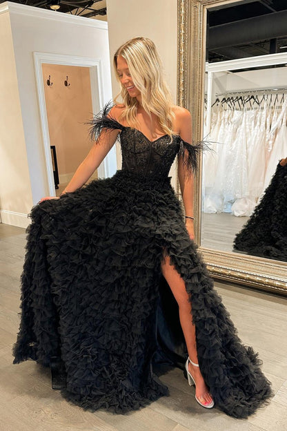 Sevoba|A Line Sweetheart Tiered Tulle Long Prom Dress With Slit