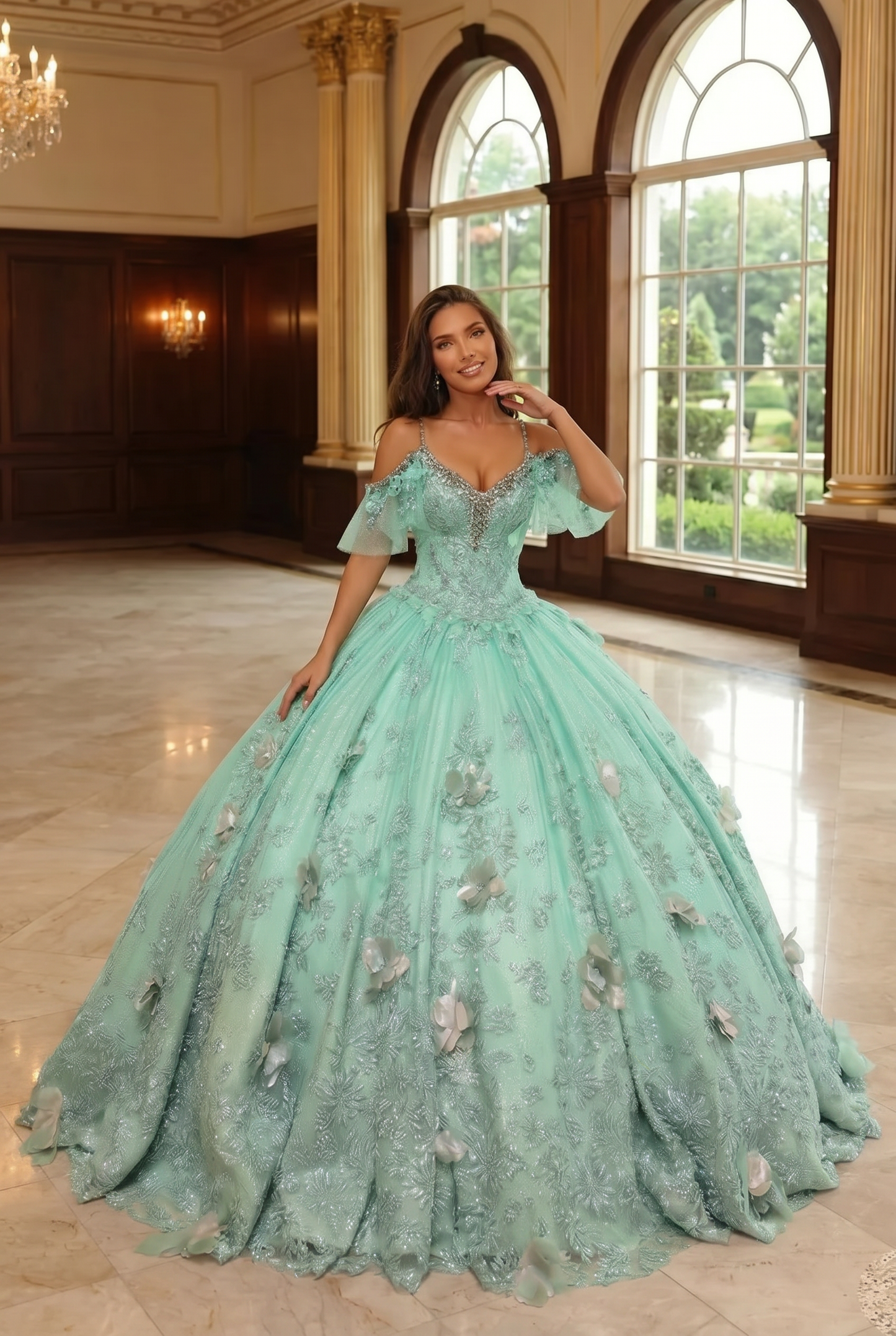 Charming Ball Gown V Neck Quinceañera Dress With  3D Butterfly and Embroidery | Sevoba