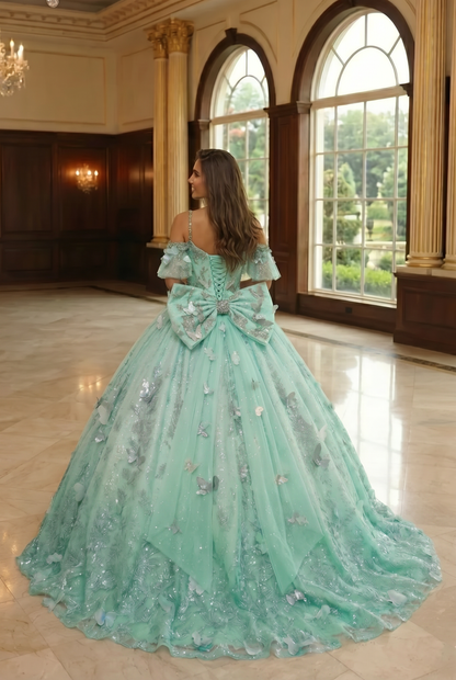 Charming Ball Gown V Neck Quinceañera Dress With  3D Butterfly and Embroidery | Sevoba