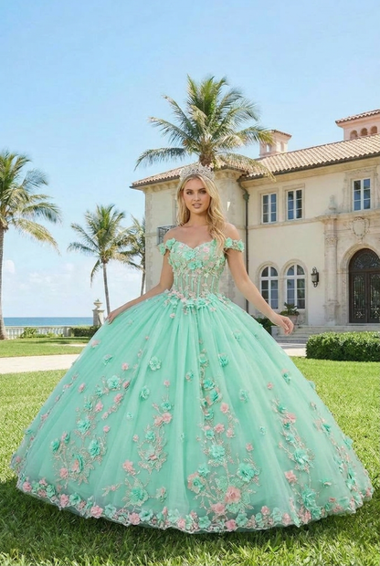 Charming Ball Gown Illusion Neck Quinceañera Dress With 3D Floral & Lace | Sevoba