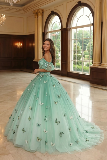 Charming Ball Gown V Neck Quinceañera Dress With  3D Butterfly and Embroidery | Sevoba