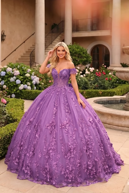 Charming Ball Gown Cold Shoulder Quinceañera Dress With Floral Lace and Bow | Sevoba