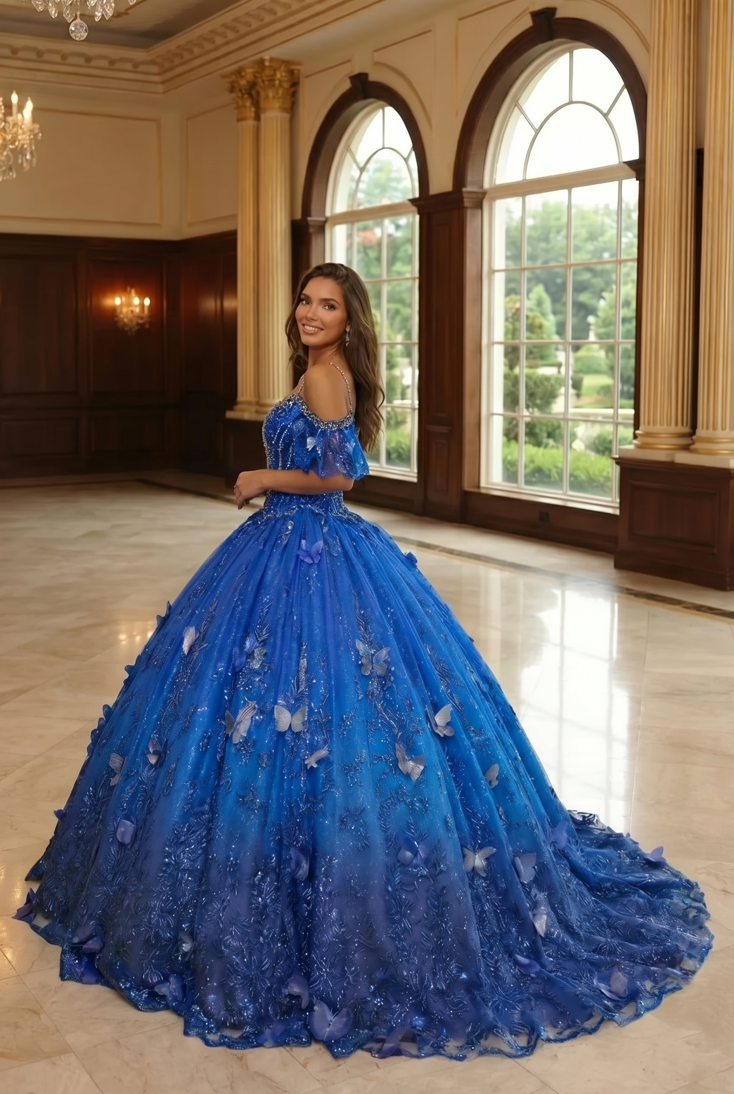 Charming Ball Gown V Neck Quinceañera Dress With  3D Butterfly and Embroidery | Sevoba