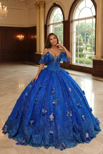 Charming Ball Gown V Neck Quinceañera Dress With  3D Butterfly and Embroidery | Sevoba
