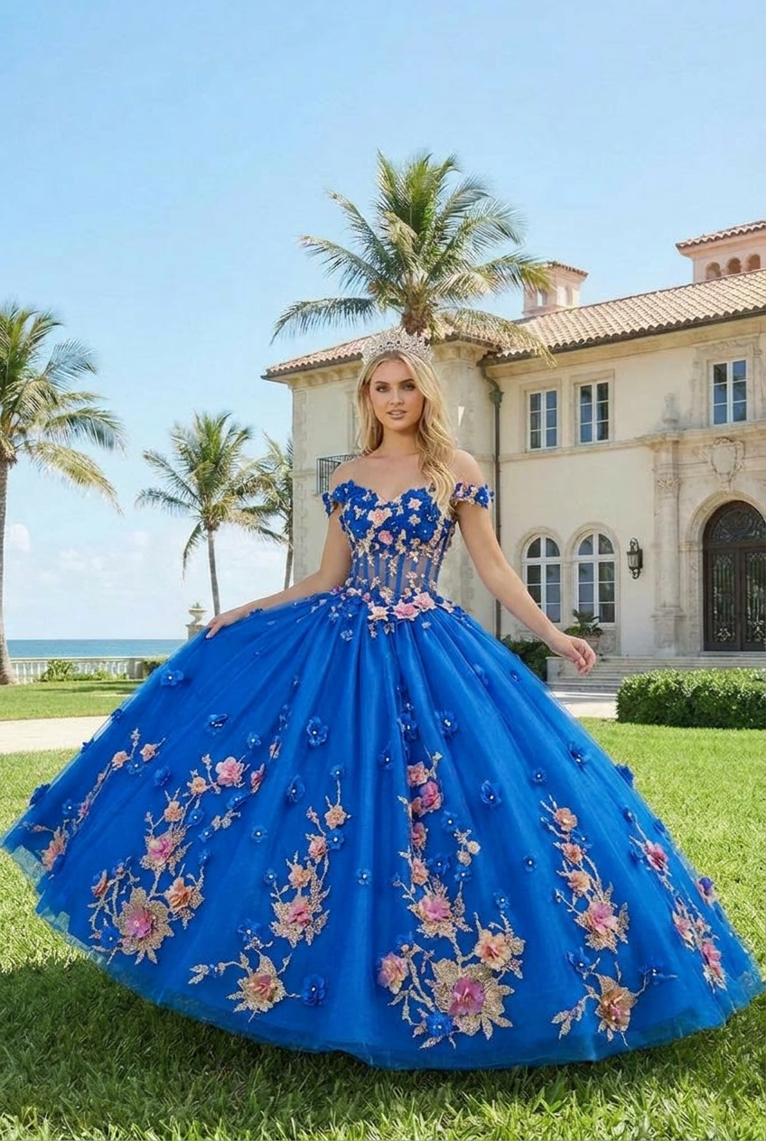 Charming Ball Gown Illusion Neck Quinceañera Dress With 3D Floral & Lace | Sevoba