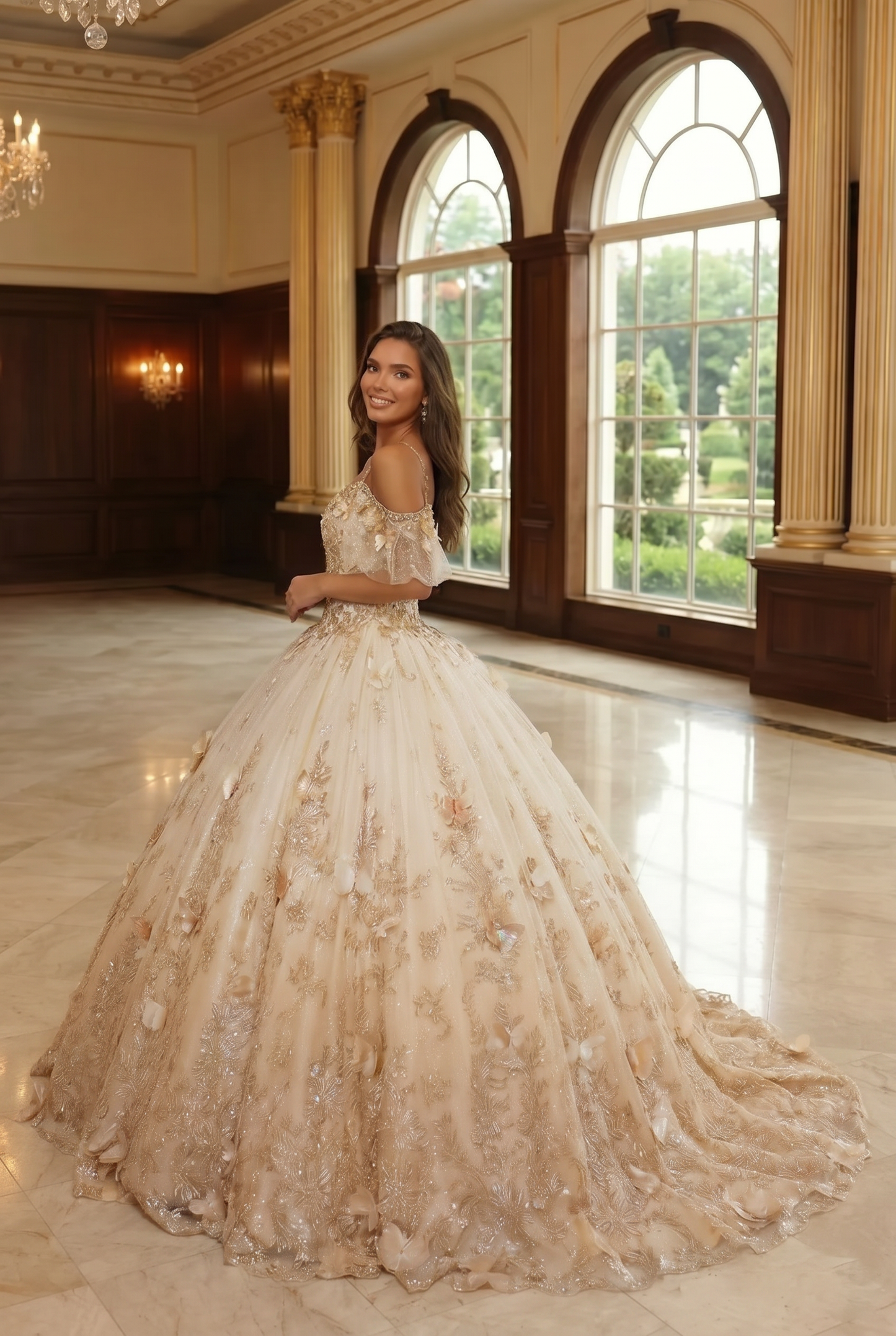 Charming Ball Gown V Neck Quinceañera Dress With  3D Butterfly and Embroidery | Sevoba