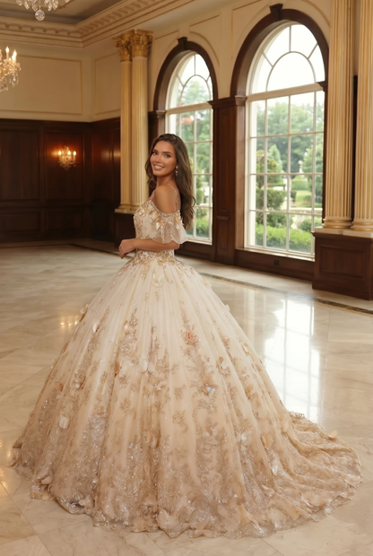 Charming Ball Gown V Neck Quinceañera Dress With  3D Butterfly and Embroidery | Sevoba
