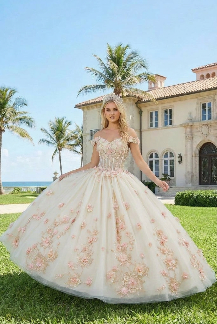 Charming Ball Gown Illusion Neck Quinceañera Dress With 3D Floral & Lace | Sevoba