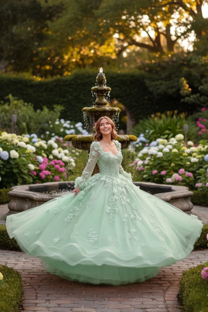 Charming Ball Gown Long Sleeve Quinceañera Dress With Floral Lace | Sevoba