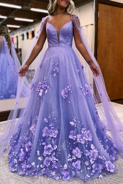Lavender 3D Floral Lace A-Line Prom Dress with Cape Sleeves