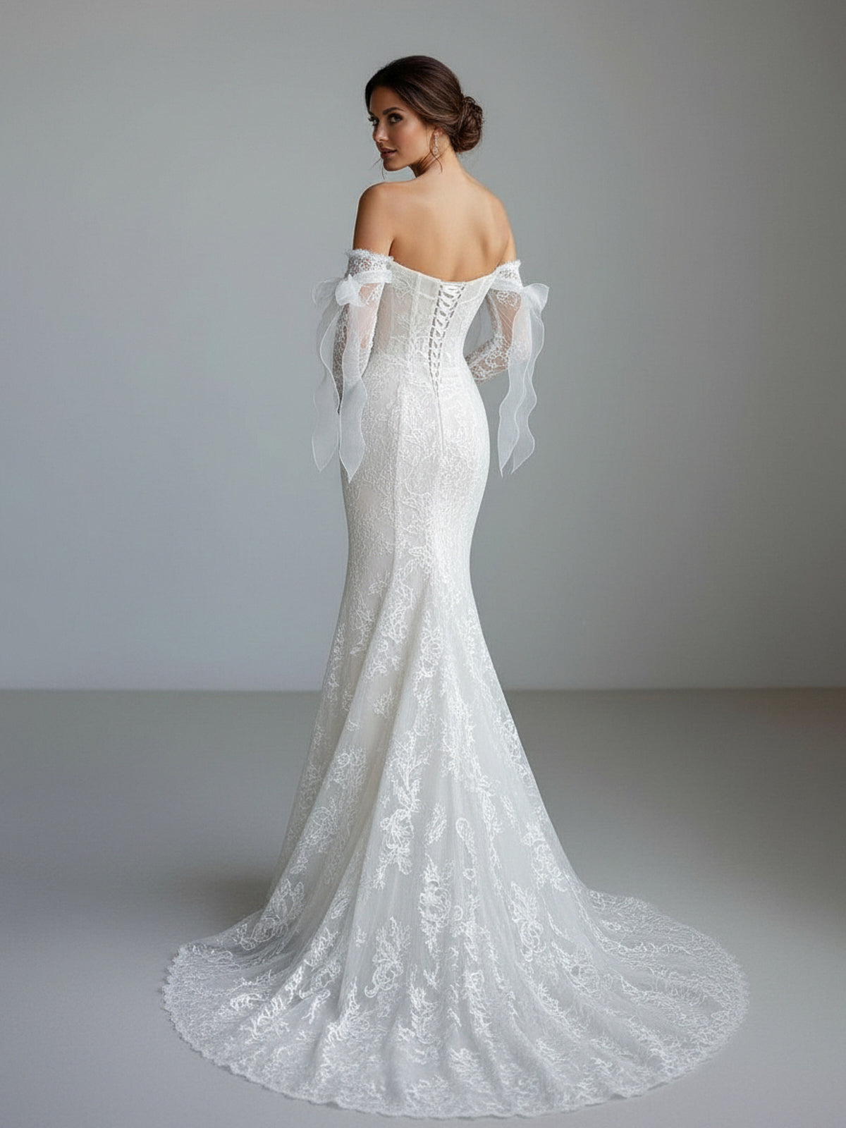 Sevoba|Lace Mermaid Covered-Button Long Sleeve Train Wedding Dress