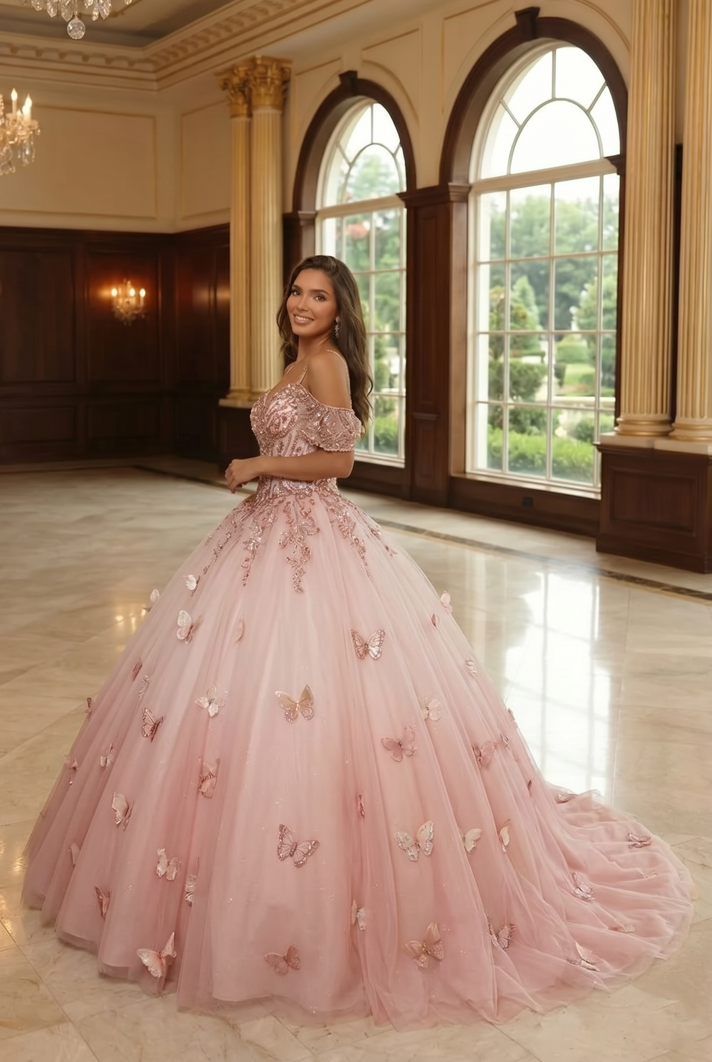 Charming Ball Gown V Neck Quinceañera Dress With  3D Butterfly and Embroidery | Sevoba