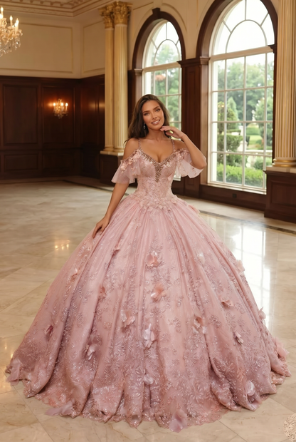 Charming Ball Gown V Neck Quinceañera Dress With  3D Butterfly and Embroidery | Sevoba