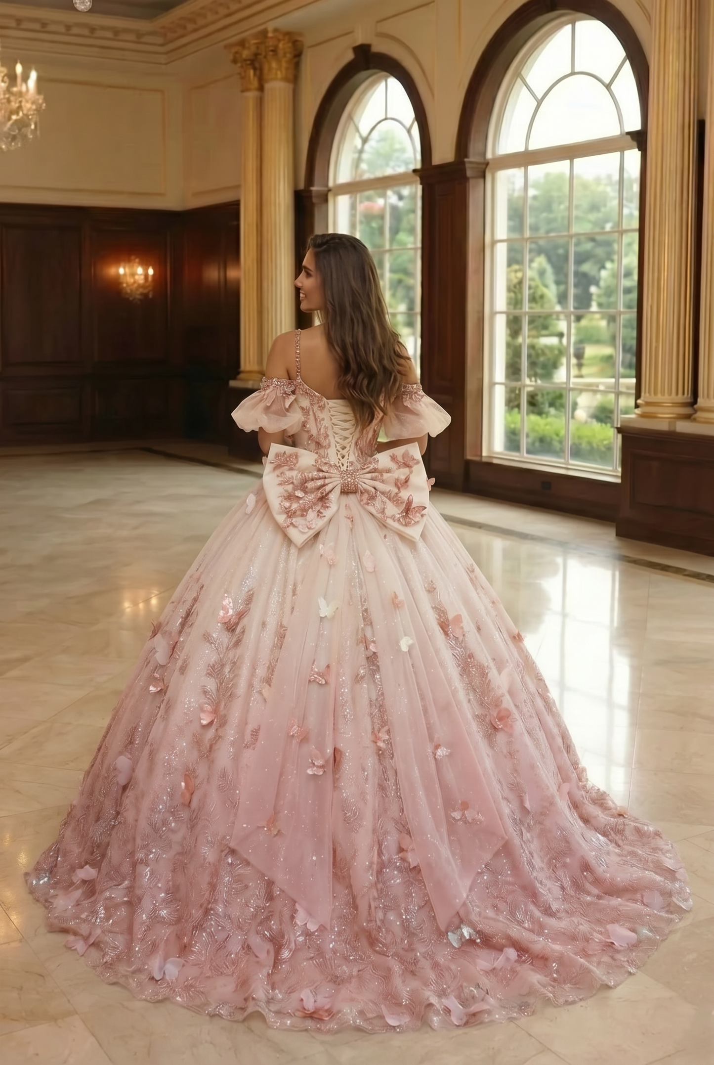 Charming Ball Gown V Neck Quinceañera Dress With  3D Butterfly and Embroidery | Sevoba