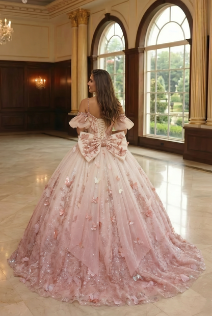 Charming Ball Gown V Neck Quinceañera Dress With  3D Butterfly and Embroidery | Sevoba
