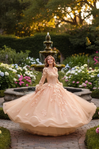 Charming Ball Gown Long Sleeve Quinceañera Dress With Floral Lace | Sevoba