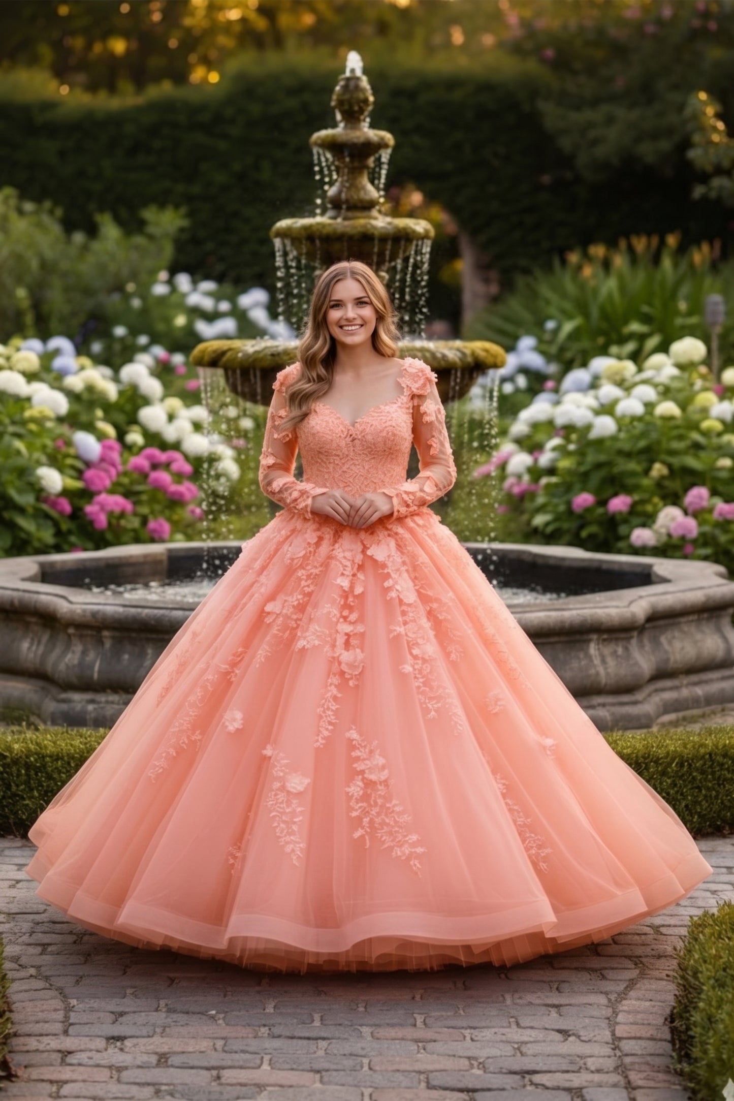 Charming Ball Gown Long Sleeve Quinceañera Dress With Floral Lace | Sevoba