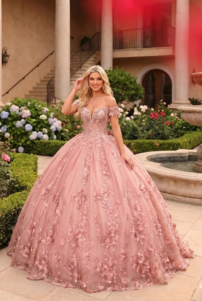 Charming Ball Gown Cold Shoulder Quinceañera Dress With Floral Lace and Bow | Sevoba