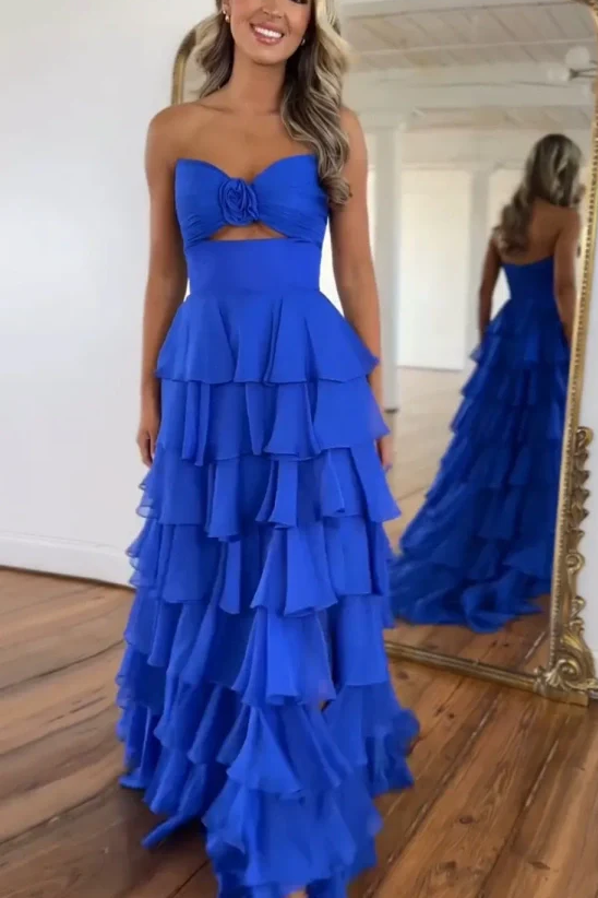Sevoba|A-Line Strapless V-Neck Layered Chiffon Sleeveless Formal Prom Dress