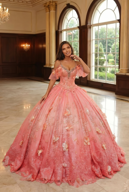Charming Ball Gown V Neck Quinceañera Dress With  3D Butterfly and Embroidery | Sevoba