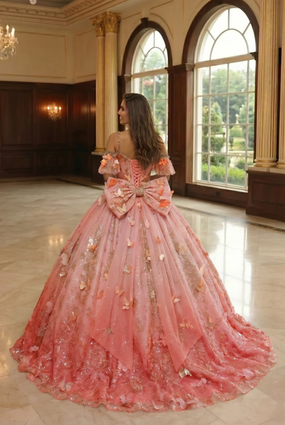 Charming Ball Gown V Neck Quinceañera Dress With  3D Butterfly and Embroidery | Sevoba