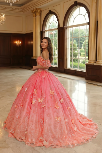 Charming Ball Gown V Neck Quinceañera Dress With  3D Butterfly and Embroidery | Sevoba