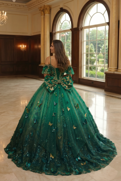 Charming Ball Gown V Neck Quinceañera Dress With  3D Butterfly and Embroidery | Sevoba