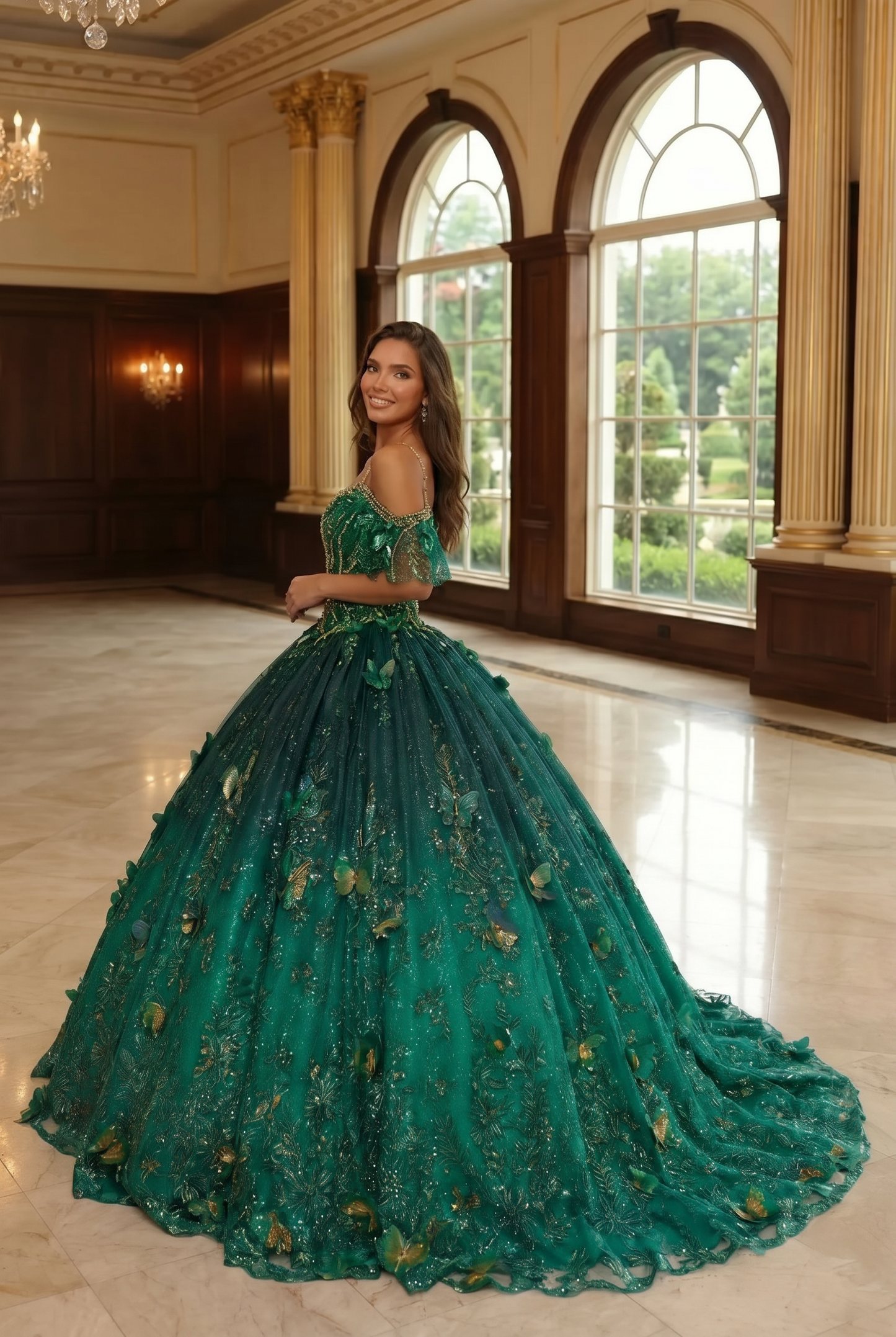 Charming Ball Gown V Neck Quinceañera Dress With  3D Butterfly and Embroidery | Sevoba
