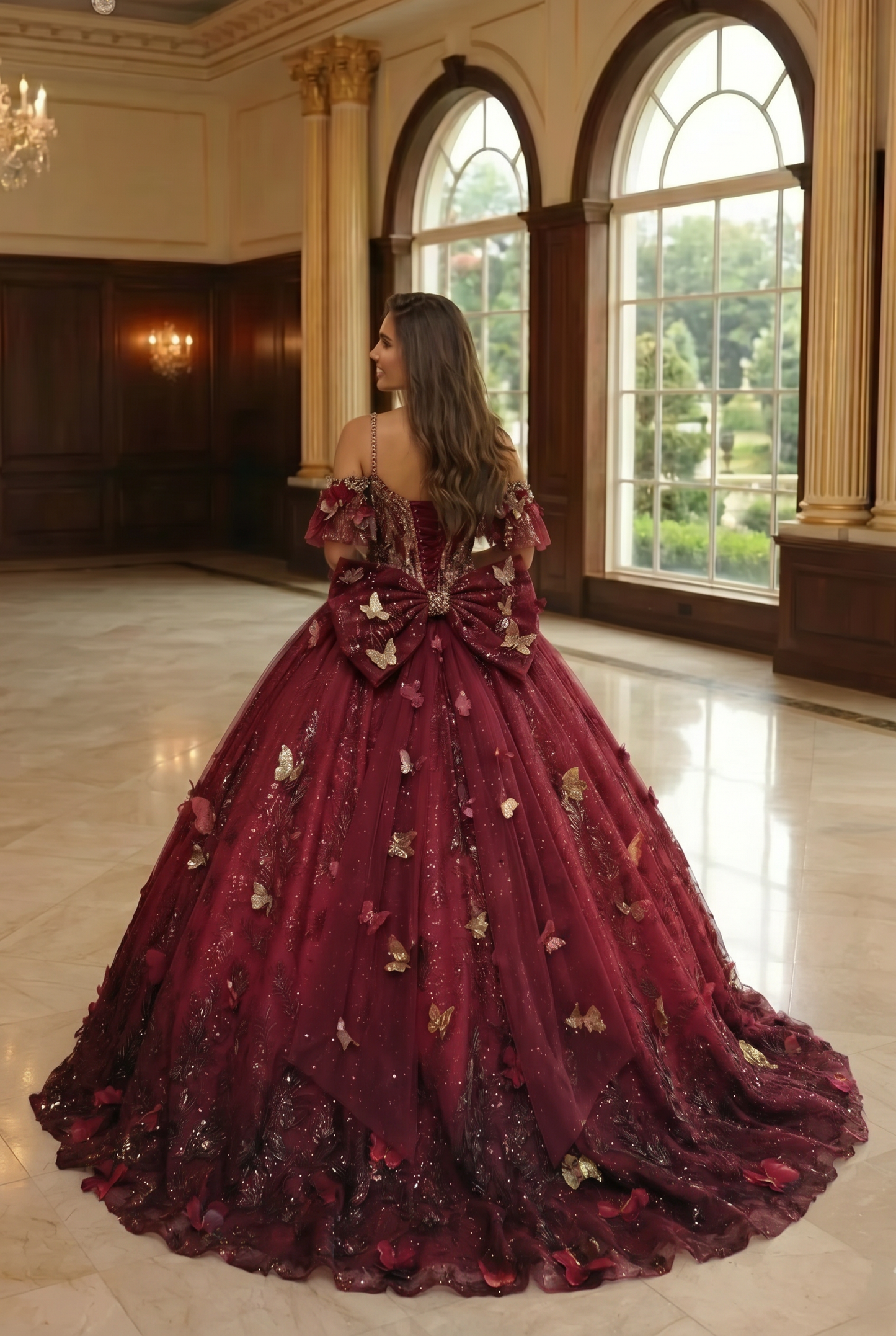 Charming Ball Gown V Neck Quinceañera Dress With  3D Butterfly and Embroidery | Sevoba