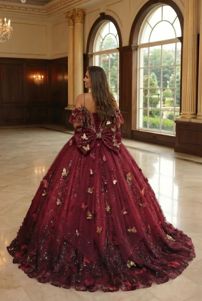 Charming Ball Gown V Neck Quinceañera Dress With  3D Butterfly and Embroidery | Sevoba